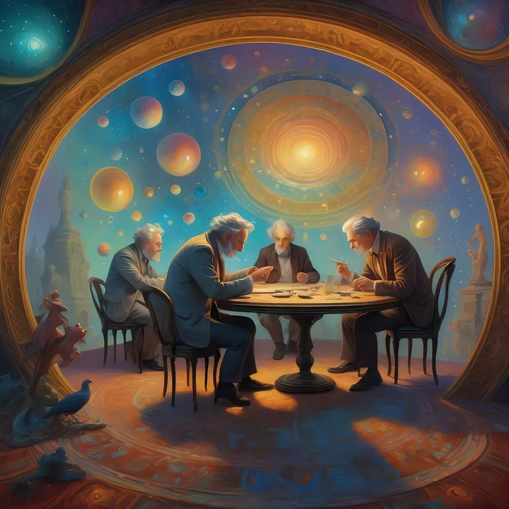 Prompt: (ultrafine detailed painting), a man sitting at a table, engaging with others in a lively discussion, (Daniel Merriam style), highly detailed figures, expressive postures, intricate surroundings, vivid colors, dynamic composition, atmospheric depth, digital masterpiece, thoughtful expressions, rich textures, warm lighting illuminating faces, high-quality 4K render.