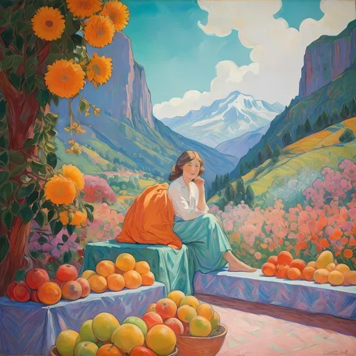 Prompt: (Artistic masterpiece) painting of a woman sitting on a bench, surrounded by vibrant flowers and colorful fruits in the background, majestic mountains looming in the distance, (Cuno Amiet inspired), colors are joyful and rich, emphasizing the beauty of nature, (synthetism style), studio portrait setting, ultra-detailed, captivating ambiance full of charm and serenity.