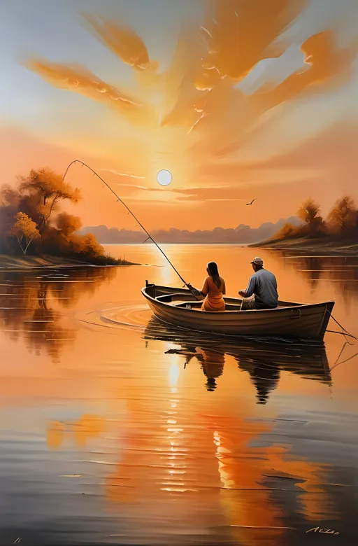 Prompt: (realism style), (highly detailed oil painting), a warm color scheme, a sunset reflecting on water, a man and a woman fishing in a boat, a serene atmosphere, gentle ripples in the water, golden and orange hues filling the sky, soft brush strokes highlighting figures, naturalistic expressions, fine art painting, immersive depth and texture, a beautiful, tranquil scene, an evocative background, 4K detailed quality.