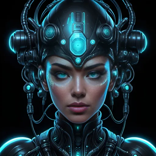 Prompt: Futuristic sci-fi woman with a sleek headpiece, glowing eyes, and intricate technological details, set against an enigmatic black background, vivid neon cool colors pulsing with energy. Inspired by Android Jones, featuring captivating fantasy art elements, a breathtaking cyberpunk aesthetic, high detail and clarity, ultra-detailed, evoking mystery and wonder in a visually stunning composition.