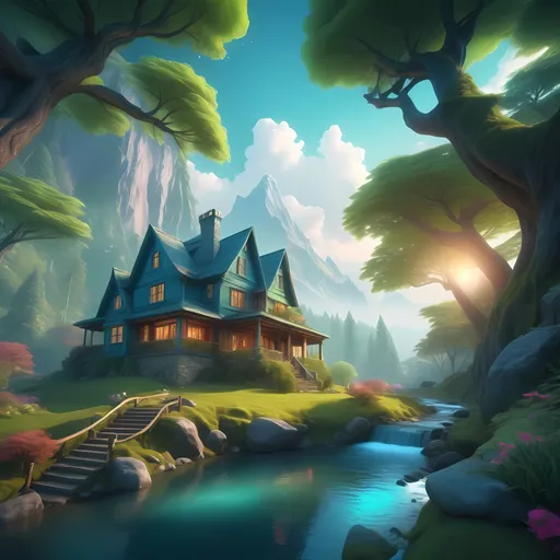 Prompt: (detailed matte painting), enchanting house in the woods, majestic mountain in the background, serene stream flowing through, (fantasy art), vibrant color palette with lush greens and cool blues, soft and ethereal lighting creating a dreamy atmosphere, meticulously crafted details showcasing nature's beauty, (high quality 4K), captivating and tranquil scene, inviting and immersive ambiance.