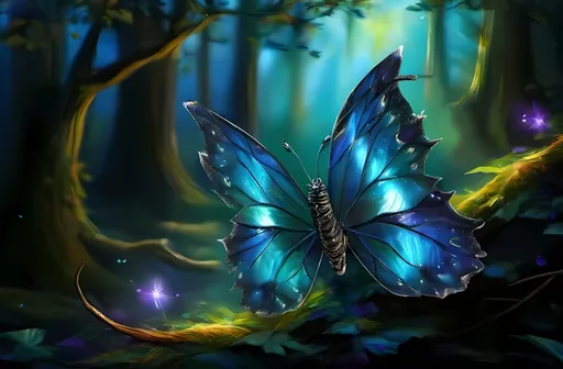 Prompt: Realistic blue butterfly, gracefully flying through a lush forest filled with abundant trees and vibrant green leaves, warm golden sunlight streaming down and illuminating its delicate wings, enchanting atmosphere, mystical ambiance, inspired by Anne Stokes, fantasy art style, ultra-detailed airbrush painting, whimsical serenity, stunning interplay of light and shadow, rich textures enhancing the overall visual appeal.