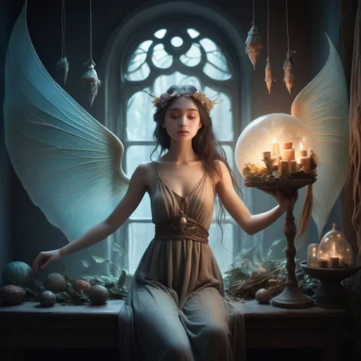 Prompt: : soft, diffused lighting, detailed textures, a harmonious blend of human and natural elements, a muted yet vibrant color palette, and themes that evoke fantasy or mythology. Her work often feels like a window into another, more magical world, where beauty and emotion are paramount.