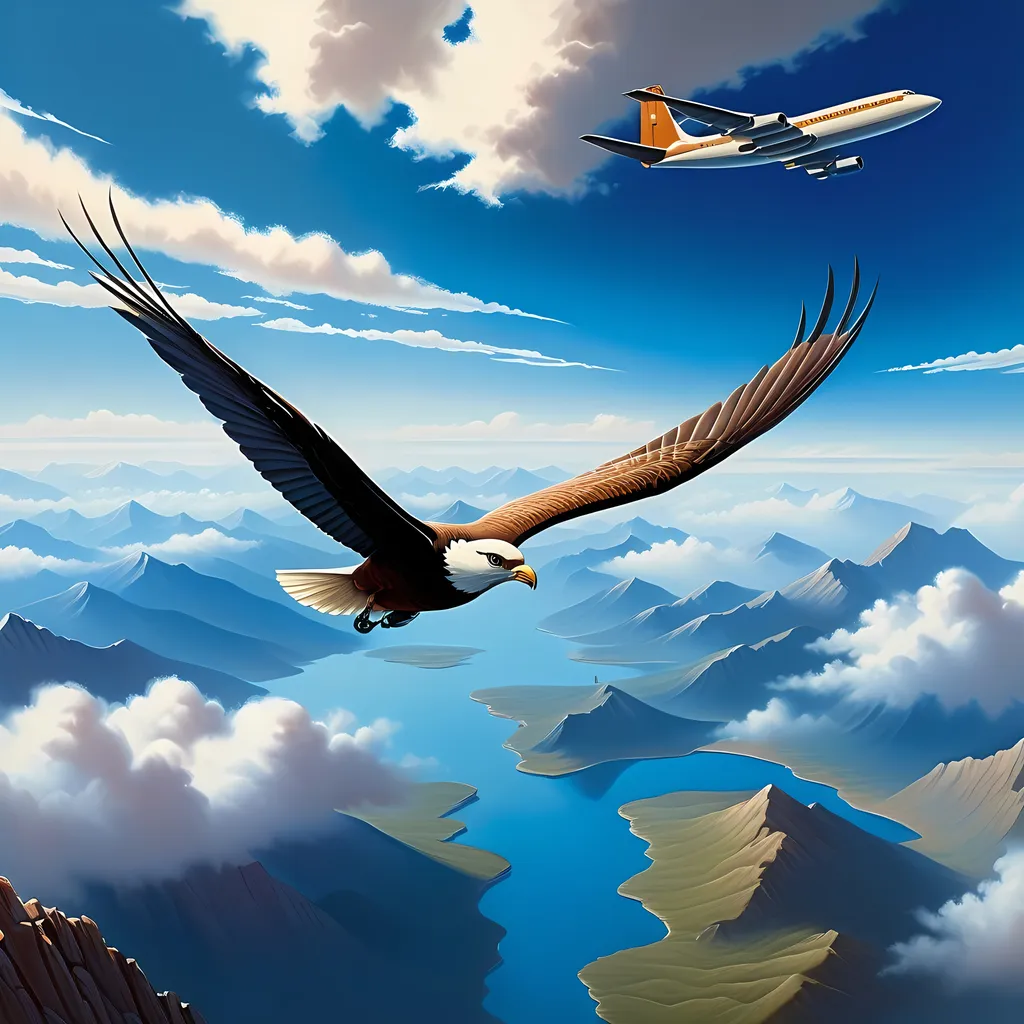 Prompt: (large bird flying over a mountain range), (plane soaring above its head), Alson S. Clark style, America scene painting, detailed matte painting, vast expansive sky, dramatic clouds, serene mountain landscape, warm earthy tones, high detail, (ultra-detailed), realistic textures, captivating ambiance, elevated perspective, tranquil yet awe-inspiring atmosphere.