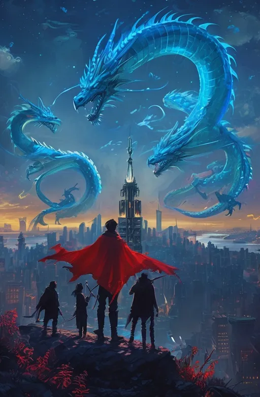 Prompt: (ultra-detailed) fantasy art, a (dramatic) scene of three men standing heroically on top of a hill, a magnificent dragon soaring in the background, sprawling city of Du Jin enveloped in shimmering twilight, (epic) sky filled with vibrant colors, high fantasy atmosphere, strikingly bold poster art style, captivating key art, (high-quality) cinematic composition.