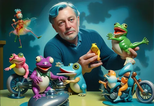 Prompt: surrealist sculpture of a (man) holding a (toy frog), surrounded by assorted (toys) on a vibrant (table), with a (motorcycle) amid a playful collection of toys, by Cliff Childs, inspired by ecological art, glowing in (vivid colors), with whimsical (dreamlike atmosphere), emphasizing details in an (ultra-detailed) 4K style.