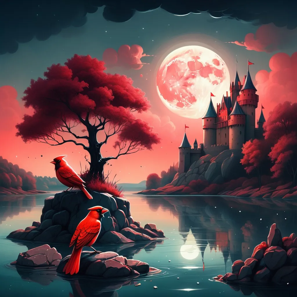 Prompt: a painting of a red bird sitting on a rock in a lake with a castle in the background and a full moon in the sky, Cyril Rolando, pop surrealism, highly detailed digital painting, a storybook illustration