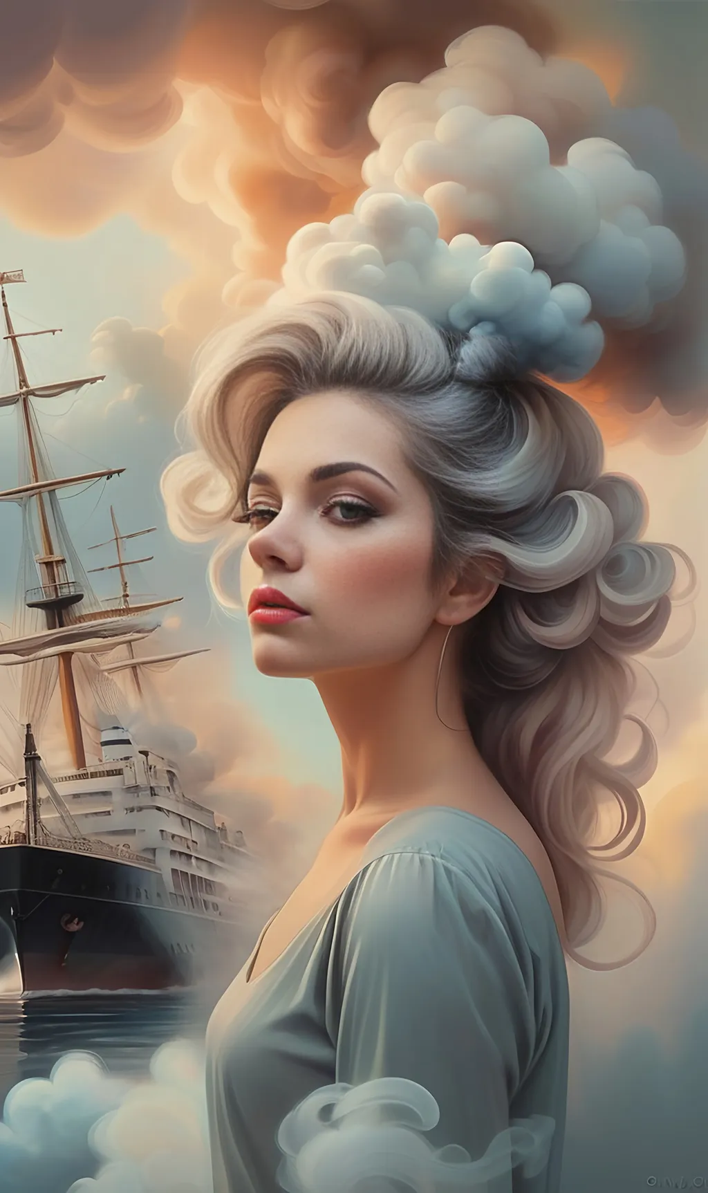 Prompt: (realism style), pastel color scheme, (highly detailed digital painting), woman with a cloud of smoke in her hair, ship in the background, dreamy and ethereal ambiance, soft and delicate colors, whimsical elements, (airbrush painting), enchanting atmosphere, fine details in textures and shadows, captivating scene.