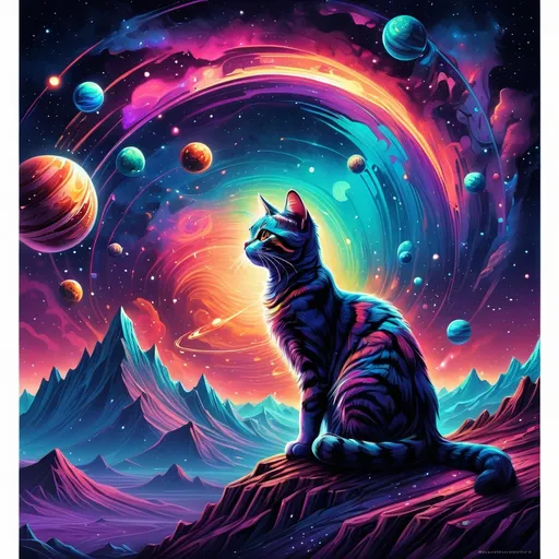 Prompt: Cat in a vast galaxy, with planets suspended in a starry sky above, majestic mountain range below. Stunning space art by Dan Mumford, vibrant colors, mesmerizing cosmic tones, ethereal atmosphere. Bold and striking poster art, ultra-detailed, high resolution, an awe-inspiring blend of nature and universe, perfect for a captivating visual experience.