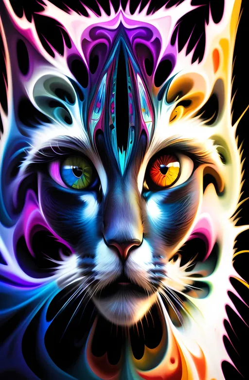 Prompt: (psychedelic art) cat with a (vibrant, colorful) face, adorned with a delicate flower on its head, illustrated in a (highly detailed) artistic painting style by Fram and Android Jones, featuring intricate airbrush techniques, set against an abstract, dynamic background, creating a mesmerizing and whimsical atmosphere, rich in (deep colors) and surreal visual elements, perfect for a (digital masterpiece).