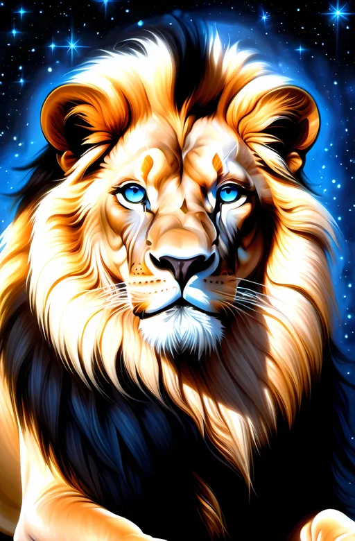 Prompt: (misc-macabre style art), a majestic lion with (blue eyes) set against a (starry background), high detail, (warm color scheme), intricate textures, (highly detailed digital painting), reminiscent of Anne Stokes' aesthetic, ethereal elements, dreamy space art, airbrush painting techniques, captivating and otherworldly ambiance, contrasting light and shadows, vivid depth.