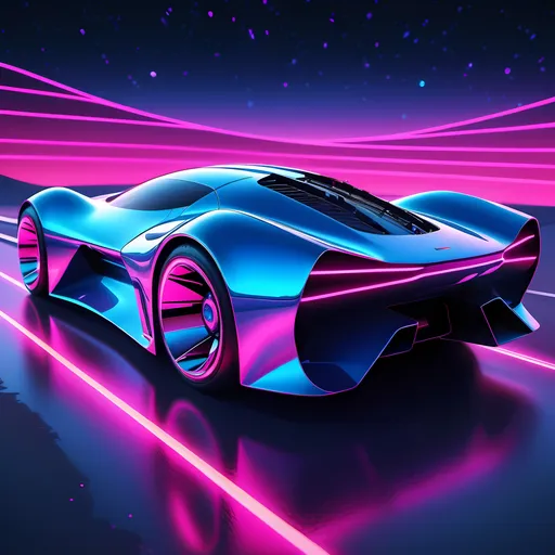 Prompt: Photorealistic futuristic car, sleek, streamlined design on body and wheels, bold curves and angles, vibrant color scheme with electric blues and neon pinks, luminous background filled with bright stars, expansive cosmic ambiance, inspired by Beeple and retrofuturism, capturing outrun aesthetic, stunning computer graphics, ultra-detailed, engaging atmosphere, high-definition visual brilliance.