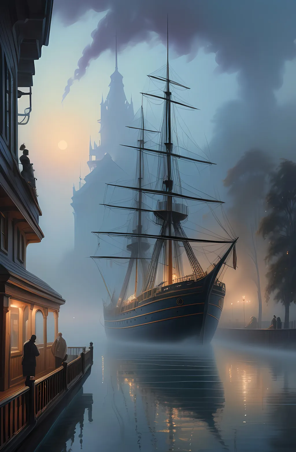 Prompt: (serene painting of a ship surrounded by fog), Evgeny Lushpin style, (fantasy art), (matte painting), people on deck in the foreground, mystical atmosphere, soft hues blending with the eerie fog, subtle reflections on the water, intricate textures, (ultra-detailed), capturing an epic moment in a dreamy setting.