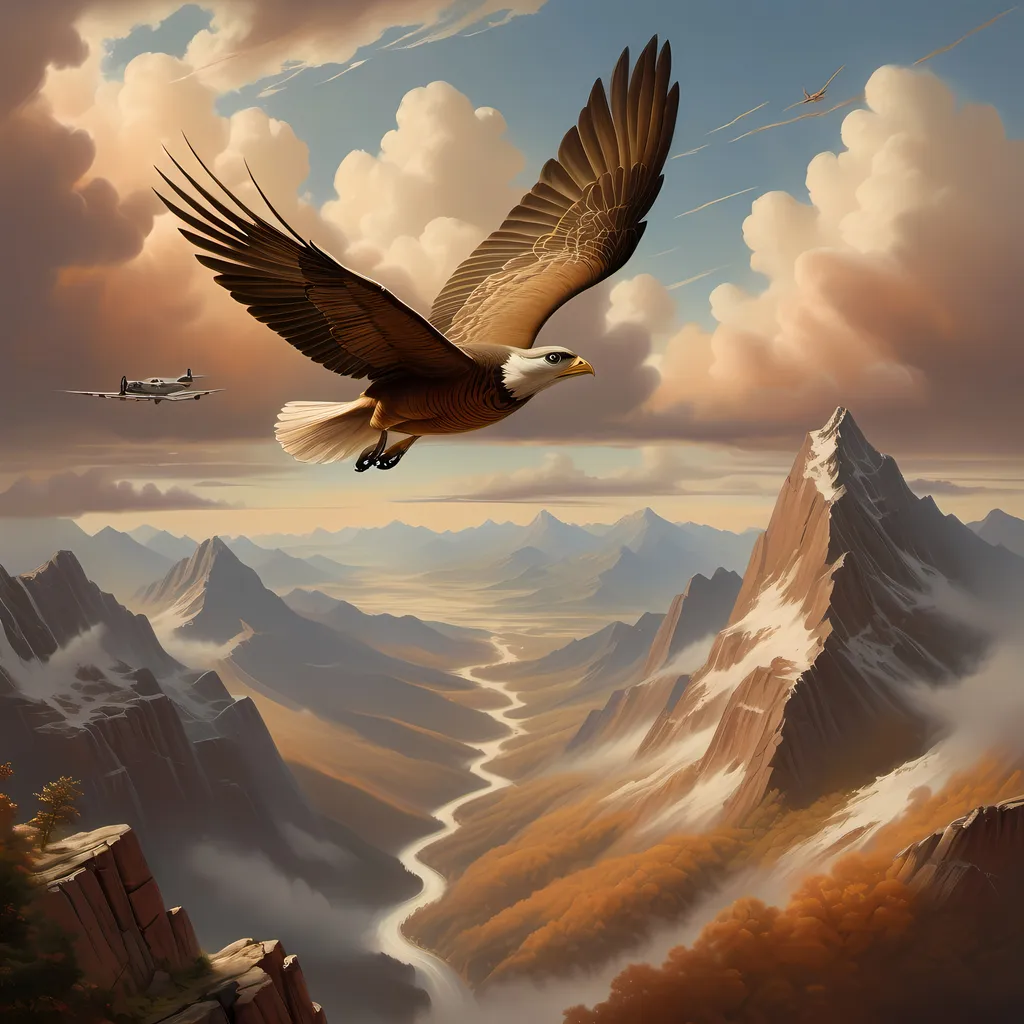 Prompt: (large bird flying over a mountain range), (plane soaring above its head), Alson S. Clark style, America scene painting, detailed matte painting, vast expansive sky, dramatic clouds, serene mountain landscape, warm earthy tones, high detail, (ultra-detailed), realistic textures, captivating ambiance, elevated perspective, tranquil yet awe-inspiring atmosphere.