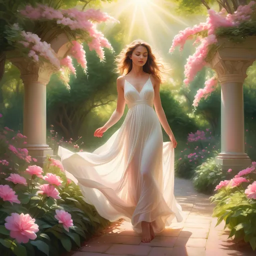 Prompt: Photorealistic depiction, enchanting woman in a flowing white dress, surrounded by a lush garden, vibrant pink flowers blooms, delicate green trees lightly swaying in the breeze, a warm sunbeam illuminating the scene, pastel color palette, ethereal atmosphere, masterpiece quality, dreamy ambiance, soft sunlight creating gentle shadows, serene and captivating surroundings.