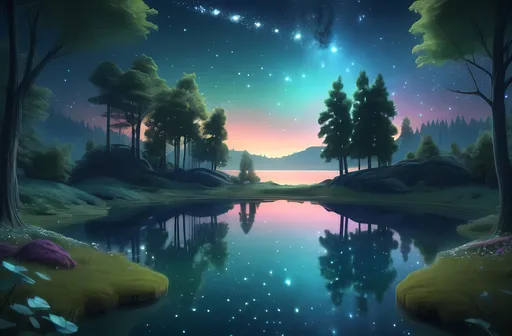 Prompt: (dreamlike landscape), vibrant forest, reflective lake, serene pond, twinkling stars in the night sky, (ultra-detailed) matte painting, inspired by Chris LaBrooy, whimsical atmosphere, rich colors with deep blues and greens, (immersive) celestial elements, peaceful and enchanting ambiance, high-quality artwork, soft ethereal lighting.