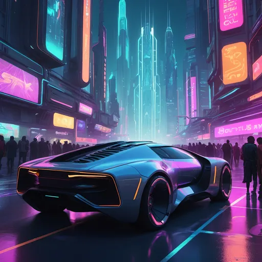 Prompt: (futuristic cityscape), (futuristic car), people standing around it, (futuristic building) with a sleek, high-tech structure, (retrofuturism), vibrant neon colors, dynamic lighting, a bustling atmosphere, a cyberpunk art style, detailed backgrounds of towering skyscrapers, intricate details, and glowing advertisements, 4K, trending on ArtStation, ultra-detailed representation of an advanced urban environment.