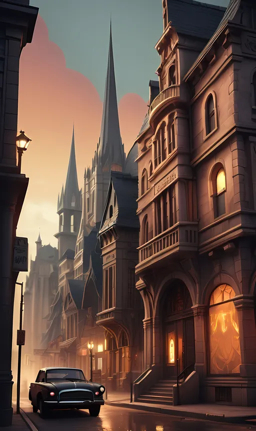 Prompt: (misc-macabre style) city street scene, (warm color scheme), parked car on the side, (building with spire), inspired by Chris LaBrooy, intricate details, fantasy art elements, League of Legends concept art, (ultra-detailed matte painting), eerie ambiance, twilight atmosphere, shadows playing off buildings, rich textures, dramatic lighting, cinematic depth, inviting yet unsettling mood.