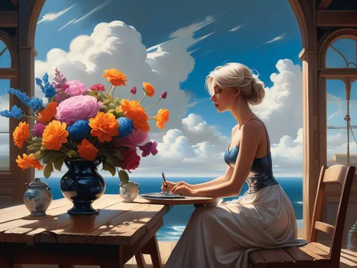 Prompt: (A detailed painting depicts a woman seated gracefully at a rustic table, with vivid flowers in a vase close by, and a richly reflective mirror behind her. The scene is set against a vast blue sky with billowing clouds, drawing influence from Bastien Lecouffe-Deharme and incorporating fantasy art concepts. The style is reminiscent of Stanley Artgerm Lau, featuring high detail, vibrant colors, and a surreal ambiance, all in 4K resolution and bathed in a gentle, sweeping light akin to that found in Alex Ross's works.