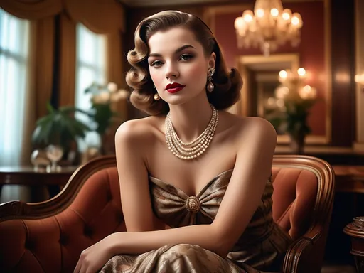 Prompt: (neoclassical style club), woman dressed in high fashion from the 1940s, elegant poses and expressions, intricate details of clothing and accessories, luxurious interior furnishings, rich color tones with warm lighting, ambient atmosphere evoking nostalgia and glamour, ultra-detailed, high-quality, capturing the sophistication of the era with soft focus on the elegant background.