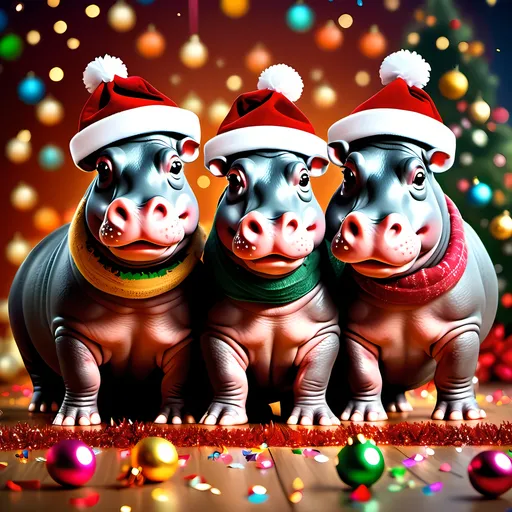 Prompt: (photorealistic) three Christmas hippos, festive background with colorful confetti, warm holiday vibe, (Chris LaBrooy style), bright and cheerful atmosphere, ultra-detailed, award-winning photography quality, stock photo, vibrant color tones, (high resolution), playful expressions, adorned with Christmas accessories like hats and scarves, surrounded by Christmas ornaments and lights, enhancing the joyous mood.