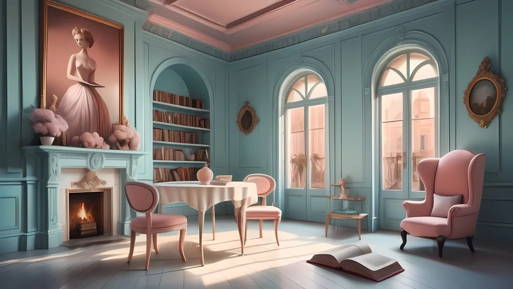 Prompt: (room interior with a table and chairs), (two books on the floor), (Chris LaBrooy style), magic realism, pastel color palette, whimsical ambiance, luxurious texture, intricate details, soft, dreamy lighting, high depth cinematic masterpiece, captivating composition, (ultrafine detailed painting), inviting atmosphere, diverse elements blending harmoniously, overall serene vibe, stunning visual artistry.