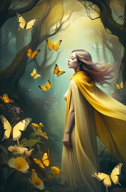 Prompt: (woman in a yellow cape), surrealism style, (warm colors), walking through a lush forest, vibrant flowers blooming, delicate butterflies fluttering on her back, a soft yellow scarf draping her shoulders, enchanting fantasy art, reminiscent of Anna Dittmann’s work, high-resolution, ultra-detailed cinematic matte painting, dreamlike atmosphere, captivating and whimsical vibe.