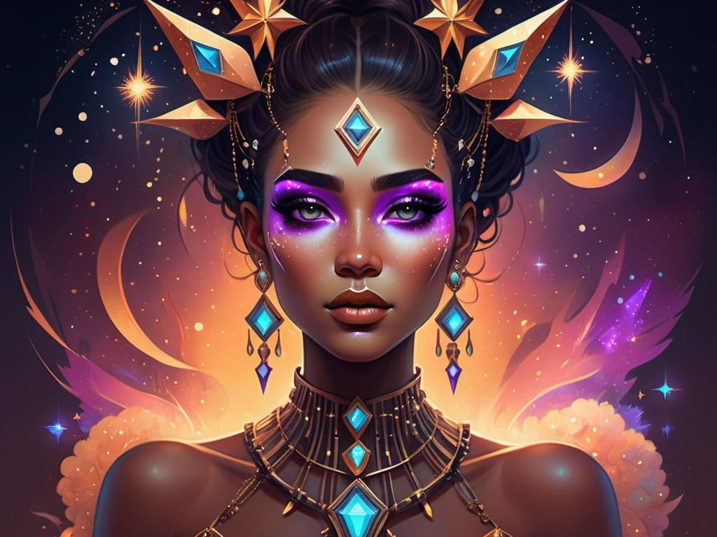 Prompt: A digital painting depicting a woman embellished with vivid makeup and elaborate jewelry on her face and chest, set against a mesmerizing backdrop of twinkling stars. The artwork features a warm color palette, rendered in the Artgerm style, and incorporates elements of fantasy art. It is highly detailed, with an atmospheric and captivating ambiance, enhanced by cyberpunk elements, dynamic shapes, and patterns. The composition is both elegant and modern, designed in 4K resolution to create an ultra-detailed masterpiece..