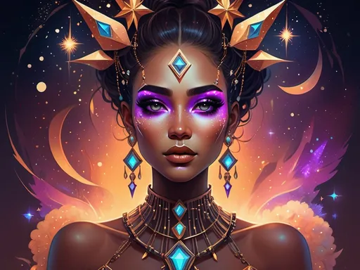 Prompt: A digital painting depicting a woman embellished with vivid makeup and elaborate jewelry on her face and chest, set against a mesmerizing backdrop of twinkling stars. The artwork features a warm color palette, rendered in the Artgerm style, and incorporates elements of fantasy art. It is highly detailed, with an atmospheric and captivating ambiance, enhanced by cyberpunk elements, dynamic shapes, and patterns. The composition is both elegant and modern, designed in 4K resolution to create an ultra-detailed masterpiece..