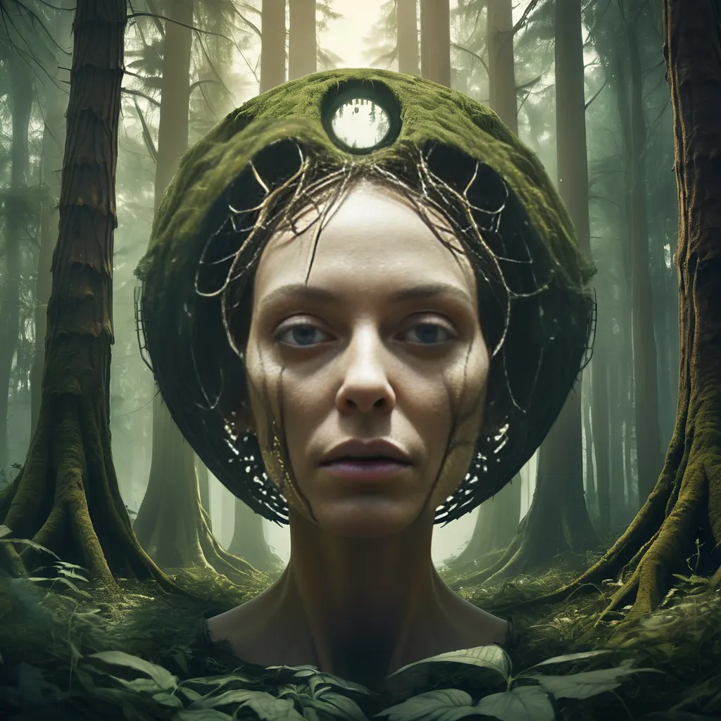 Prompt: a surreal image of a woman's face in a forest with a giant head in the center of the image, Android Jones, fantasy art, cryengine, an album cover