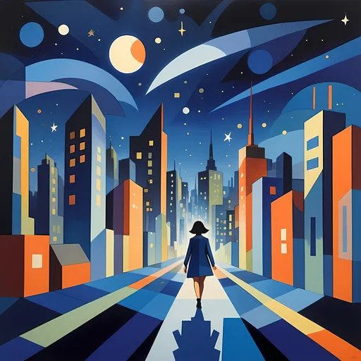 Prompt: (painting of a person walking at night), (city skyline in the background), (starry sky overhead), (Chiho Aoshima inspired), (modular constructivism), gouache, (detailed brushwork), (cubist style), vibrant color contrasts, (atmosphere of solitude and reflection), dynamic geometric shapes, expressive forms, deep blues and warm city lights, HD ultra-detailed masterpiece.