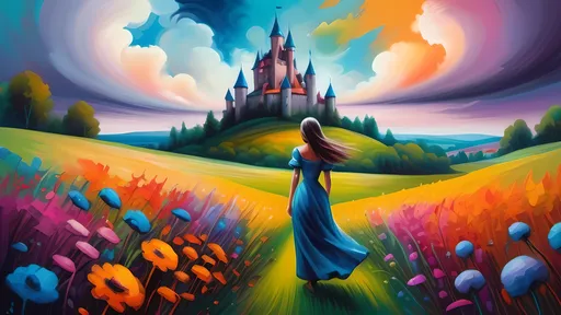 Prompt: (abstract expressionism painting) woman standing in a field of flowers, (vibrant colors), whimsical castle softly illuminated in the background, dramatic sky filled with fluffy clouds, lush flower details, fluid brushstrokes conveying emotion, enchanting atmosphere, rich textures of paint, a stunning masterpiece in fantasy art, detailed matte painting, (vivid) color interplay, atmospheric depth, heartfelt composition.