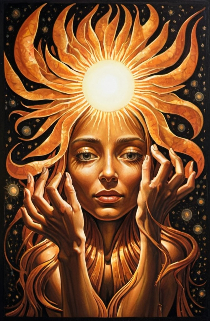 Prompt: a painting of a person reaching up to the sun with their hands in the air, with a black background, Amanda Sage, fantasy art, sun, an ultrafine detailed painting