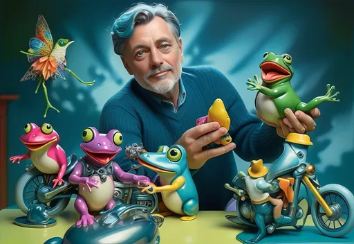 Prompt: surrealist sculpture of a (man) holding a (toy frog), surrounded by assorted (toys) on a vibrant (table), with a (motorcycle) amid a playful collection of toys, by Cliff Childs, inspired by ecological art, glowing in (vivid colors), with whimsical (dreamlike atmosphere), emphasizing details in an (ultra-detailed) 4K style.