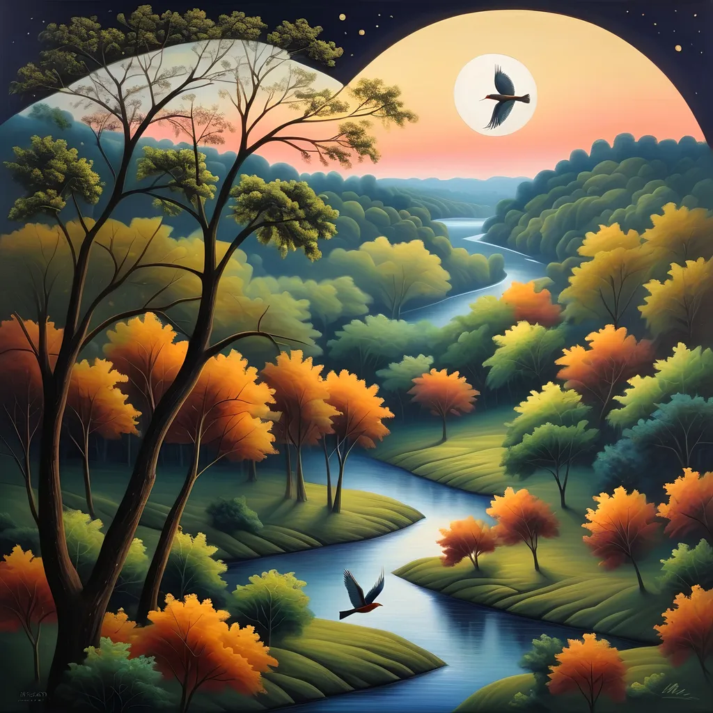 Prompt: Highly detailed oil painting of a serene river bordered by lush trees under a sky lit by a full moon, with a graceful bird soaring above. The ambiance evokes tranquility and wonder, reminiscent of naive art styles. Vivid colors set against a twilight backdrop create a dynamic contrast. The composition invites the viewer into an enchanting night scene, showcasing nature's beauty through meticulous brushwork and textures, reflecting the artistic essence of Dan Mumford.