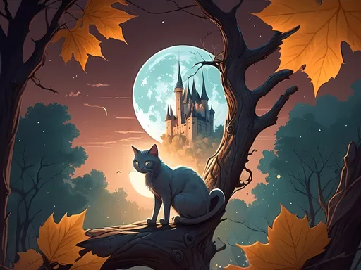 Prompt: a cat sitting on a tree branch with leaves in the background and a castle in the distance with a full moon in the sky, Cyril Rolando, fantasy art, highly detailed digital painting, a detailed painting