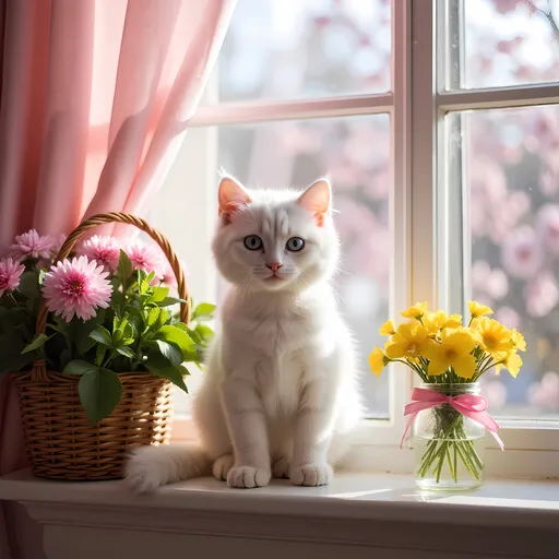 Prompt: Bathed in soft sunlight, a fluffy white kitten with striking blue eyes sits gracefully on a windowsill, exuding innocence and curiosity. The room is adorned with pink curtains, diffusing the warm glow of a spring day outside, where cherry blossoms are in bloom, hinting at a serene atmosphere. Beside the kitten, a charming wicker basket holds vibrant greenery and pink fluffy flowers, complemented by a small jar filled with bright yellow blooms tied with a pink ribbon, adding to the cheerful decor. The overall composition showcases a harmonious blend of cozy domesticity and the natural beauty of spring, capturing a moment of tranquility and joy.