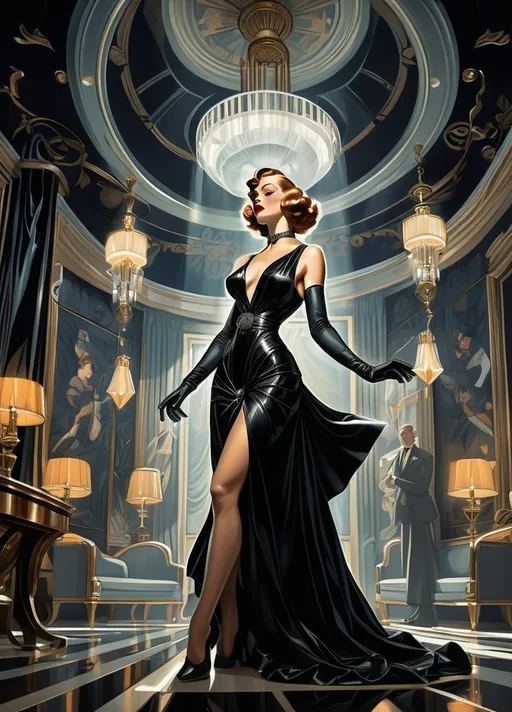 Prompt: (central content: woman in a black dress and gloves), (luxurious room), chandeliers and wall lamps, (art deco style), (freedom of expression), (elegant posture), dramatic lighting casting rich shadows, intricate details, and patterns (J.C. Leyendecker inspired), (comic book panel design), vibrant color contrast, (highly detailed), 8K ultra-resolution, cinematic ambiance. Hubert de Givenchy