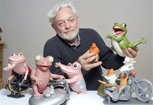 Prompt: surrealist sculpture of a (man) holding a (toy frog), surrounded by assorted (toys) on a vibrant (table), with a (motorcycle) amid a playful collection of toys, by Cliff Childs, inspired by ecological art, glowing in (vivid colors), with whimsical (dreamlike atmosphere), emphasizing details in an (ultra-detailed) 4K style.