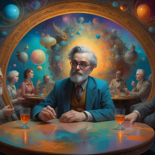 Prompt: (ultrafine detailed painting), a man sitting at a table, engaging with others in a lively discussion, (Daniel Merriam style), highly detailed figures, expressive postures, intricate surroundings, vivid colors, dynamic composition, atmospheric depth, digital masterpiece, thoughtful expressions, rich textures, warm lighting illuminating faces, high-quality 4K render.