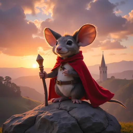 Prompt: A charming anthropomorphic mouse stands confidently atop a large stone, dressed in a vibrant red cloak that enhances its expressive features, including oversized ears and a gentle smile. The mouse clutches a wooden staff, suggesting a noble or heroic role, and is set against a magical sunset that bathes the background in warm hues of orange and purple. Soft, fluffy clouds drift across the sky, complementing the serene atmosphere while a distant steeple suggests the presence of a quaint village or community nearby. This whimsical scene radiates a sense of adventure and charm, blending fantasy elements with an enchanting landscape that captivates the imagination.