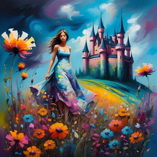 Prompt: (abstract expressionism painting) woman standing in a field of flowers, (vibrant colors), whimsical castle softly illuminated in the background, dramatic sky filled with fluffy clouds, lush flower details, fluid brushstrokes conveying emotion, enchanting atmosphere, rich textures of paint, a stunning masterpiece in fantasy art, detailed matte painting, (vivid) color interplay, atmospheric depth, heartfelt composition.