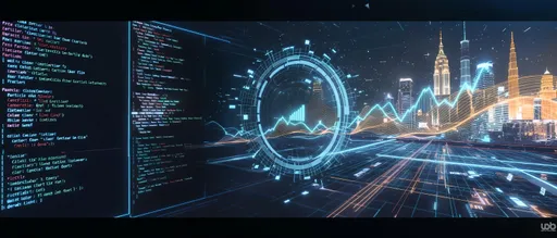 Prompt: Text-to-Video for the cityscape rendering (Right Panel).

Motion Graphics for the rotating 3D graph (Center Panel).

Real-Time Text Animation for the typing code (Left Panel).

Particle Systems for foreground particles and sparks.

3D Holographic UI for the panel borders and logo.

Color Grading to unify the neon aesthetic.

