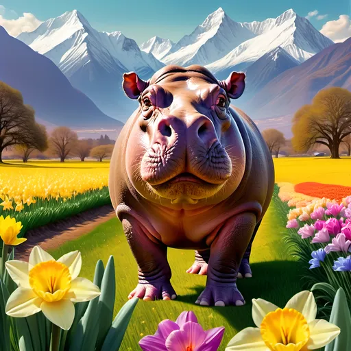 Prompt: (hippo standing in a vibrant field of flowers), (majestic mountains in the background), (few bright daffodils scattered), (fantastic realism), (hyper-realistic artwork), (ultra-detailed matte painting), warm sunlit colors, lush greenery, detailed textures on hippo's skin, enchanting atmosphere, inspiring peaceful vibe, high resolution, rich depth in scenery.