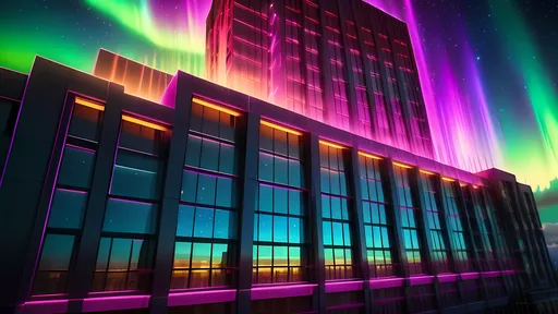 Prompt: (a vibrant building with numerous windows), (colorful aurora lights), mystical skies, enchantment in the atmosphere, (digital rendering), inspired by Daniel Lieske, (synchromism), dazzling hues blending seamlessly, radiating warm and cool tones, captivating ambiance, ethereal glow illuminating the windows, (highly detailed) and (4K resolution) for enhanced visual richness.