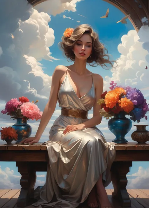 Prompt: (detailed painting) a woman sitting elegantly on a rustic table, vibrant flowers in a vase nearby, a lusciously reflective mirror behind her, expansive blue sky backdrop with fluffy clouds, influenced by (Bastien Lecouffe-Deharme), infused with (fantasy art concepts), art style akin to (Stanley Artgerm Lau), highly detailed, colorful, dreamlike atmosphere, 4K resolution, sweeping soft light.