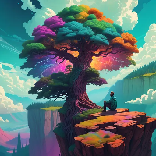 Prompt: A (vibrant) man sitting on top of a cliff, next to a majestic tree, overlooking a lush forest, under a (colorful) sky filled with dynamic clouds, (psychedelic art) style inspired by Android Jones and Liam Brazier, surreal and imaginative elements, (poster art) aesthetic, enchanting and captivating atmosphere, (highly detailed, 4K) resolution, enchanting colors and dreamlike reflections throughout the landscape.