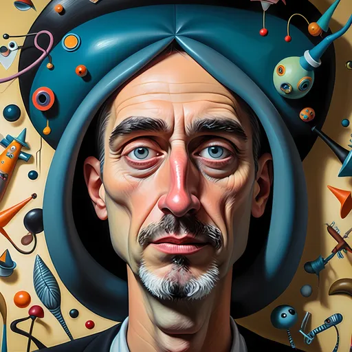 Prompt: (abstract art), (vibrant colors), a whimsical man with a weird face and a quirky hat, surrounded by assorted strange objects, inspired by Art Spiegelman, incorporating elements of pop surrealism and pj crook, dreamy and surreal ambiance, highly imaginative elements blending together, creates a captivating visual narrative, 4K, ultra-detailed, expressive brush strokes.