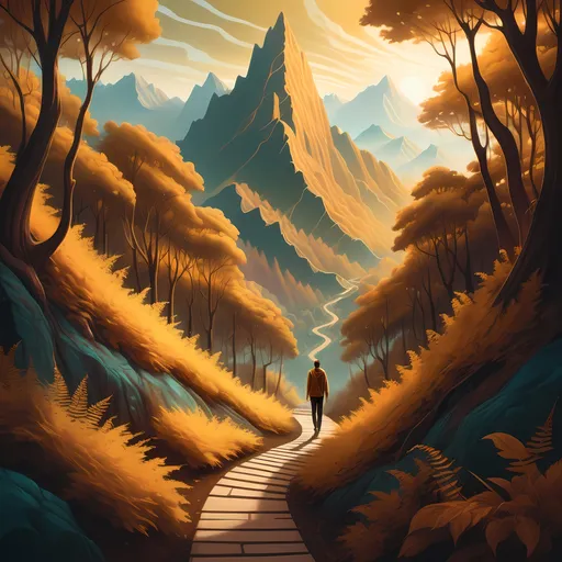 Prompt: Photorealistic depiction of a person walking down a winding path through a vibrant forest, warm golden tones illuminating the scene. Towering mountains serve as a majestic backdrop, while trees adorned with rich, leafy canopies frame the walkway. Inspired by the works of Cyril Rolando, showcasing intricate details and dynamic light in this serene, nature-inspired composition. Highly detailed, embracing an atmosphere of tranquility and exploration. 