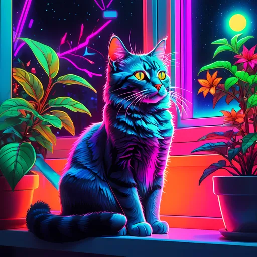 Prompt: (psychedelic art) Christmas cat, sitting on a vibrant windowsill, next to a lush green plant and a colorful flower, (synthwave) neon colors, glowing accents, (cyberpunk) futuristic ambiance, starry night backdrop, cozy and enchanting atmosphere, intricate details, capturing warmth and holiday charm, high definition, ultra-detailed, embracing the holiday spirit in a surreal style.